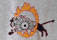 手刺繍とパッチワークのスウェット（トレーナー）。サーカスの「火の輪くぐりのライオン」のスウェット（トレーナー）。