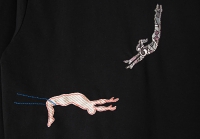 手刺繍とパッチワークのスウェット（トレーナー）。サーカスの「空中ブランコ」のスウェット（トレーナー）。